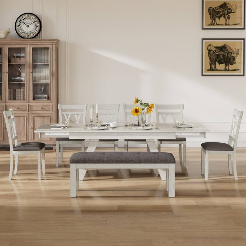Javlergo Dining Table Set with Bench, Solid Wood Rectangular Extendable Dining Table and Chairs Set for 6-8