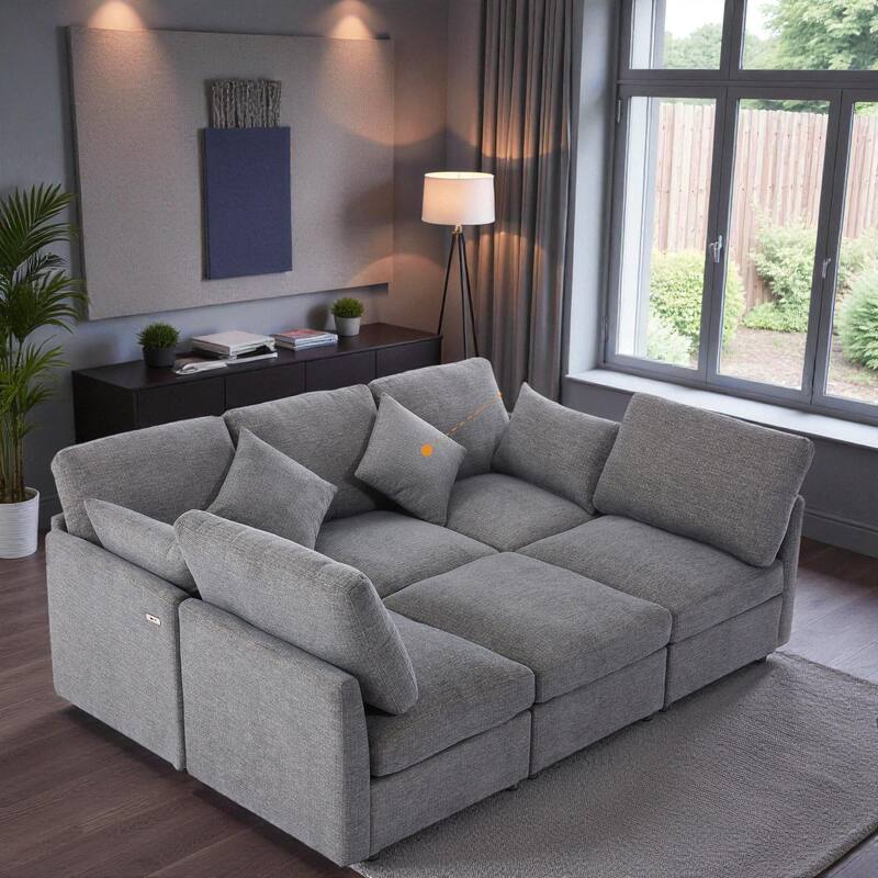 86.6" Modular Sectional Sofa U-Shaped Couch with Movable Ottoman USB Ports Chenille Sofa Bed for Living Room