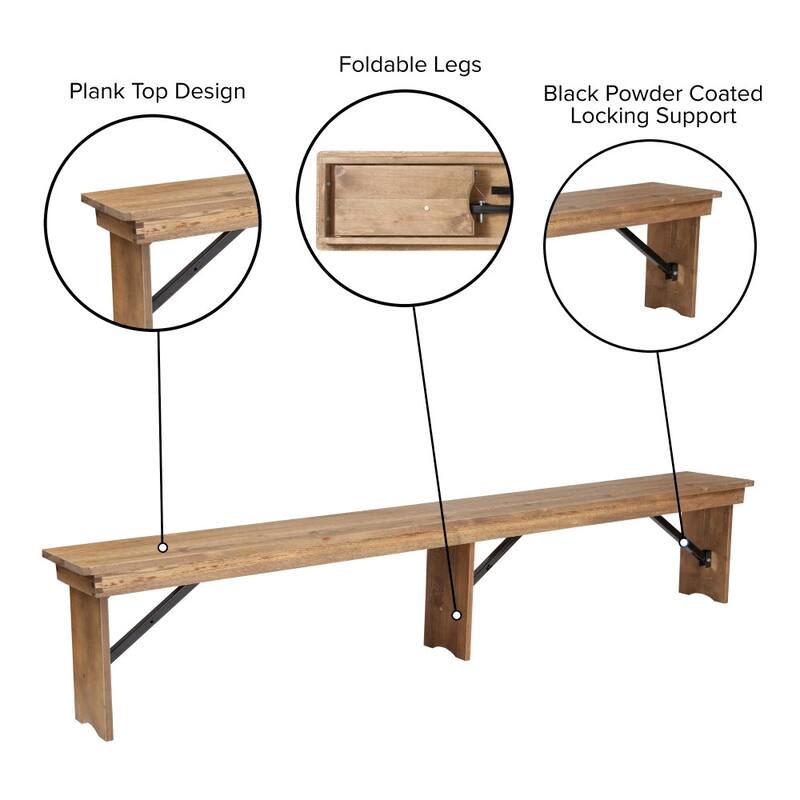 8' x 12" Antique Rustic Solid Pine Folding Farm Bench with 3 Legs