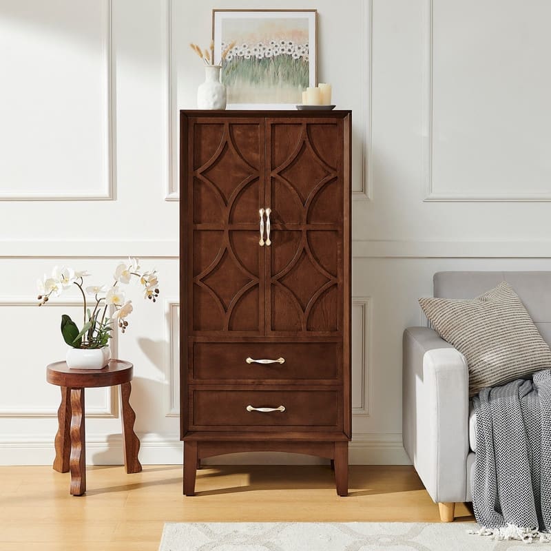 Mid Century Modern 53.5" Tall Kitchen Pantry Storage Cabinet with Doors and Drawers for Entryway Living Room Kitchen Garage - Walnut