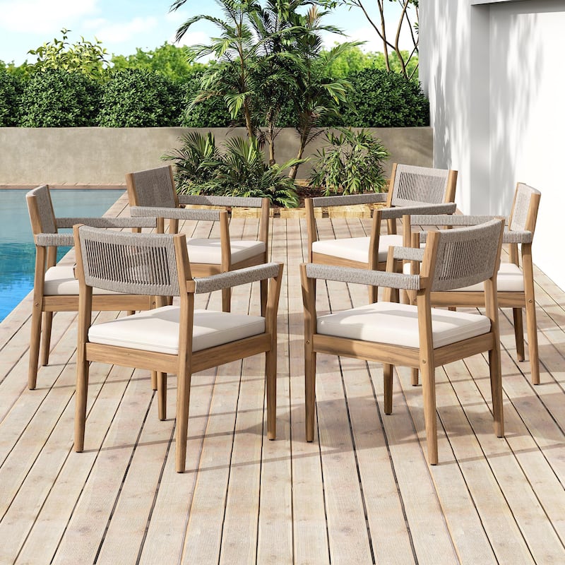 Braided Acacia Wood Outdoor Dining Table and Chairs Set of 6, All-Weather Patio Furniture for Garden, Poolside, and Backyard - Cream,Teak+ Beige