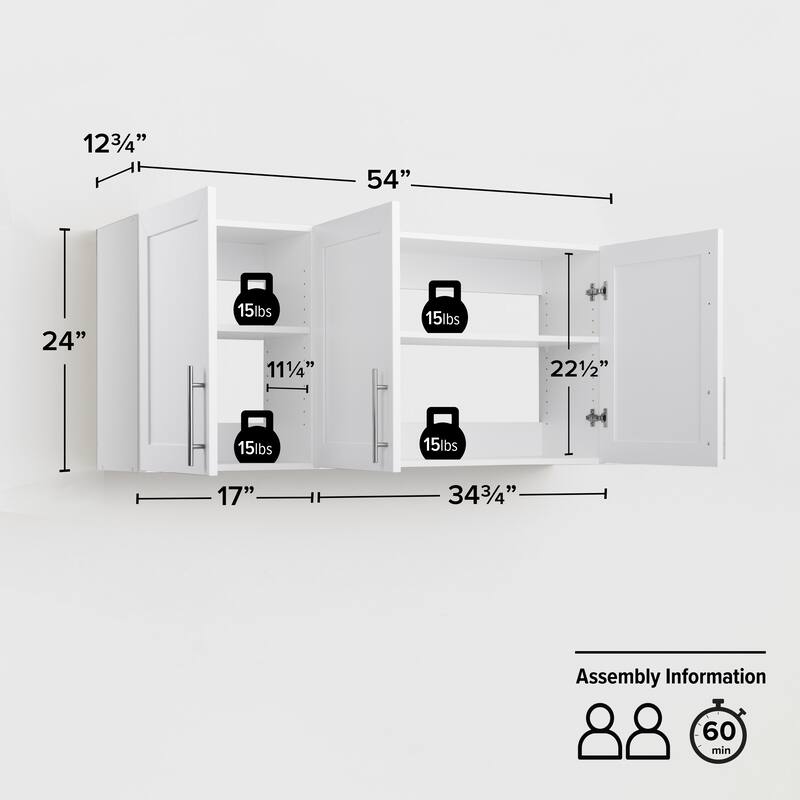 Prepac Elite Wall Cabinet with Panel Doors 12.75" D x 54" W x 24" H - 54 in W x 24 in H x 12.75 in D