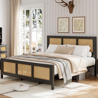 Rattan Black Platform Bed Frame with Strong Metal Slat - Bed Bath ...
