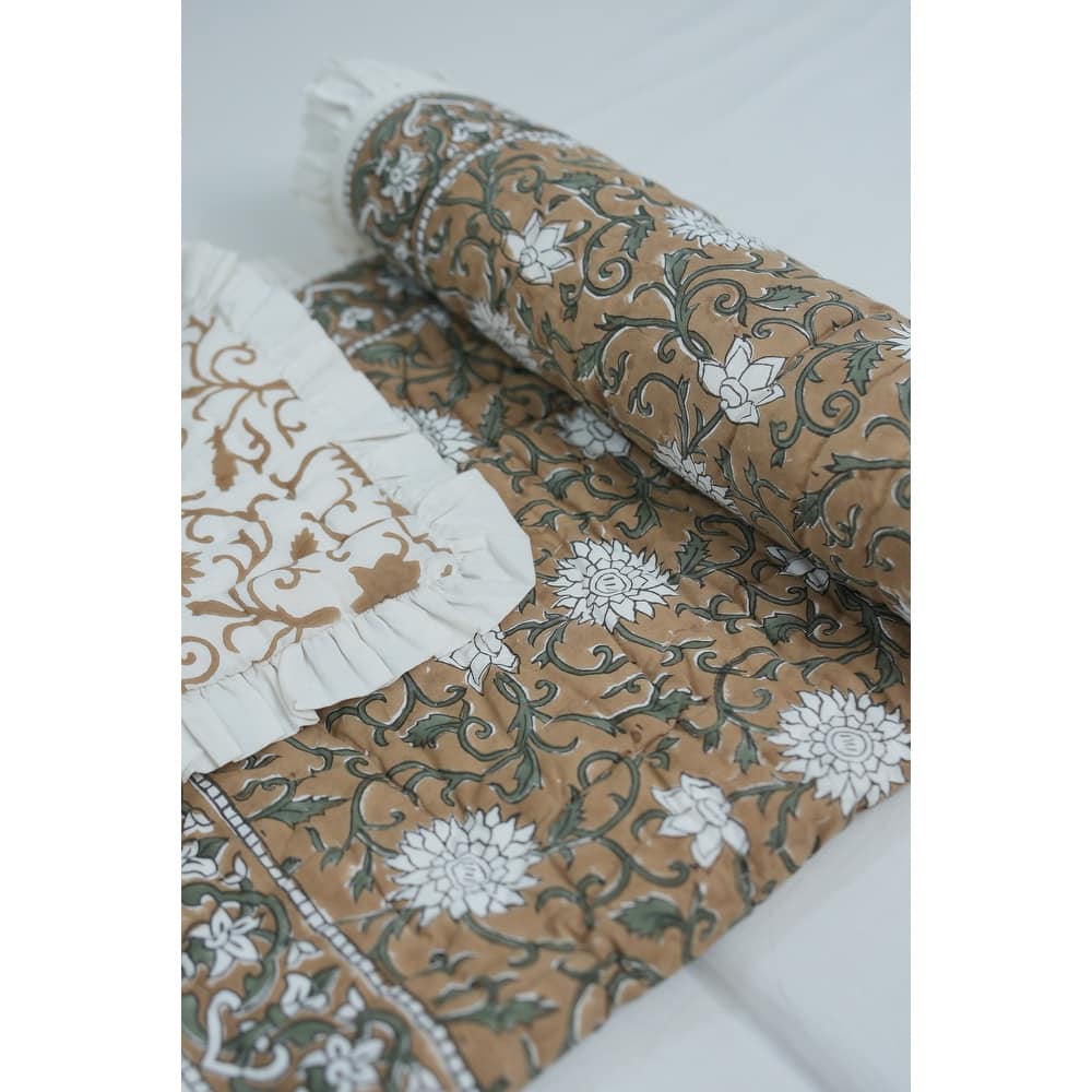 Fabdivine Luxury Hand Block Print Cotton Quilt Floral Boho Bedding for Bedroom & Sofa, Mustard, Handmade Reversible Bedspread