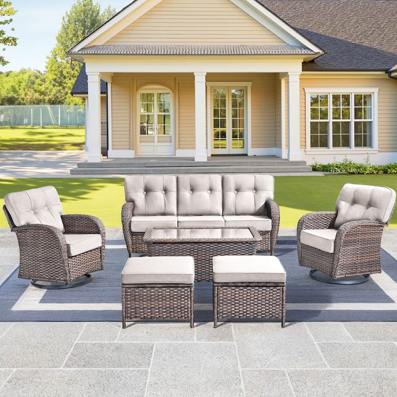 6 Pieces Pocassy Sofa Table Ottoman with Swivel Chairs - Brown Wicker & Beige Cushion