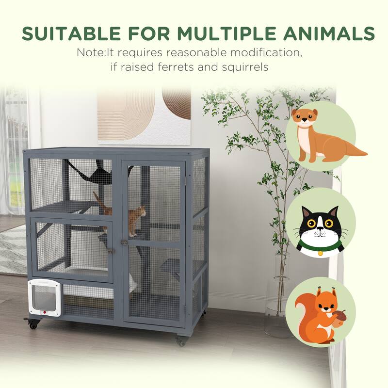 PawHut Large Cat House, Indoor / Outdoor Wooden Cat Catio on Wheels, Cat Enclosure with Platforms, Hammock, Cat Flap Door