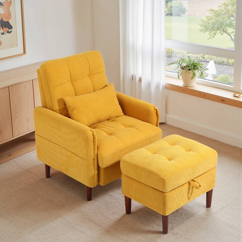 Adjustable Backrest Upholstered Accent Chair with Storage Ottoman Set
