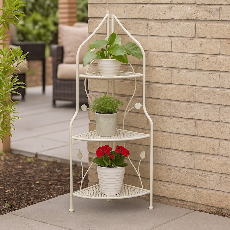 3 Tier Corner Plant Stand Shelves, Classical White Metal, 36 Inch