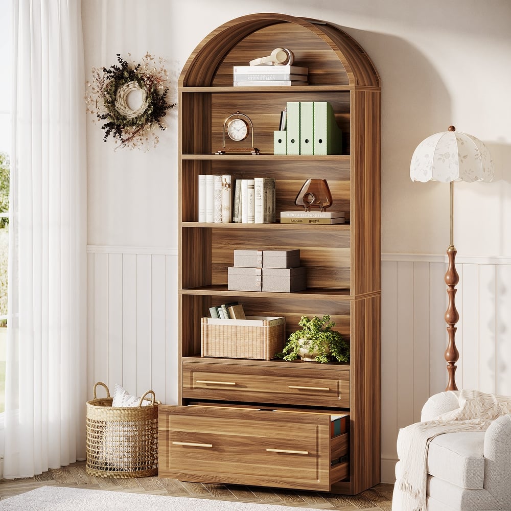 76.8" Tall Arched Bookcase, 5-Tier Modern Bookshelf with File Cabinet Drawer