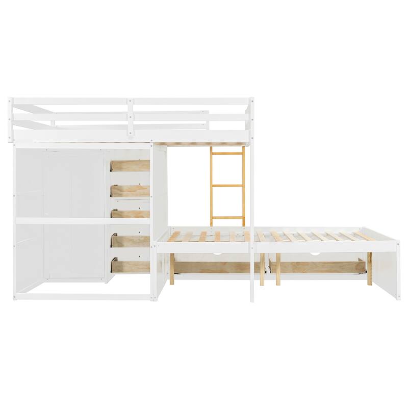 Kids Bed Frame Full Over Full Bunk Bed with Drawers and Wardrobe