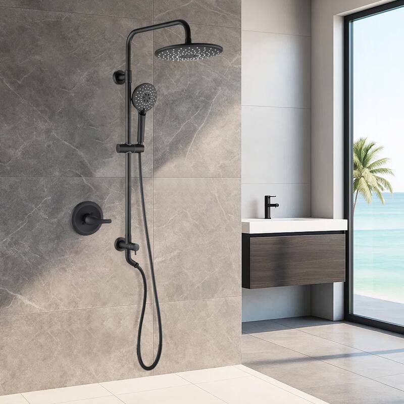 Wall Mounted Rain Showerhead and Hand Shower System with Adjustable Slide Bar (Rough-in Valve Included)