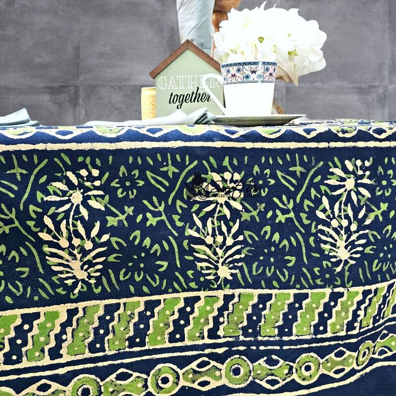Dabu Floral Hand Block Print Cotton Tablecloth Rectangle Collection