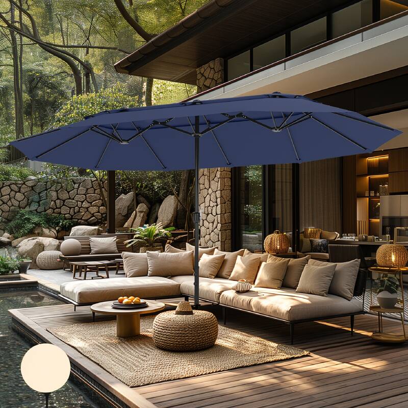 MAISON ARTS 15ft 2-Tier Large Patio Umbrella with Solar Lights, Double-Sided Outdoor Market Umbrellas with Base Included - Navy-NoLights