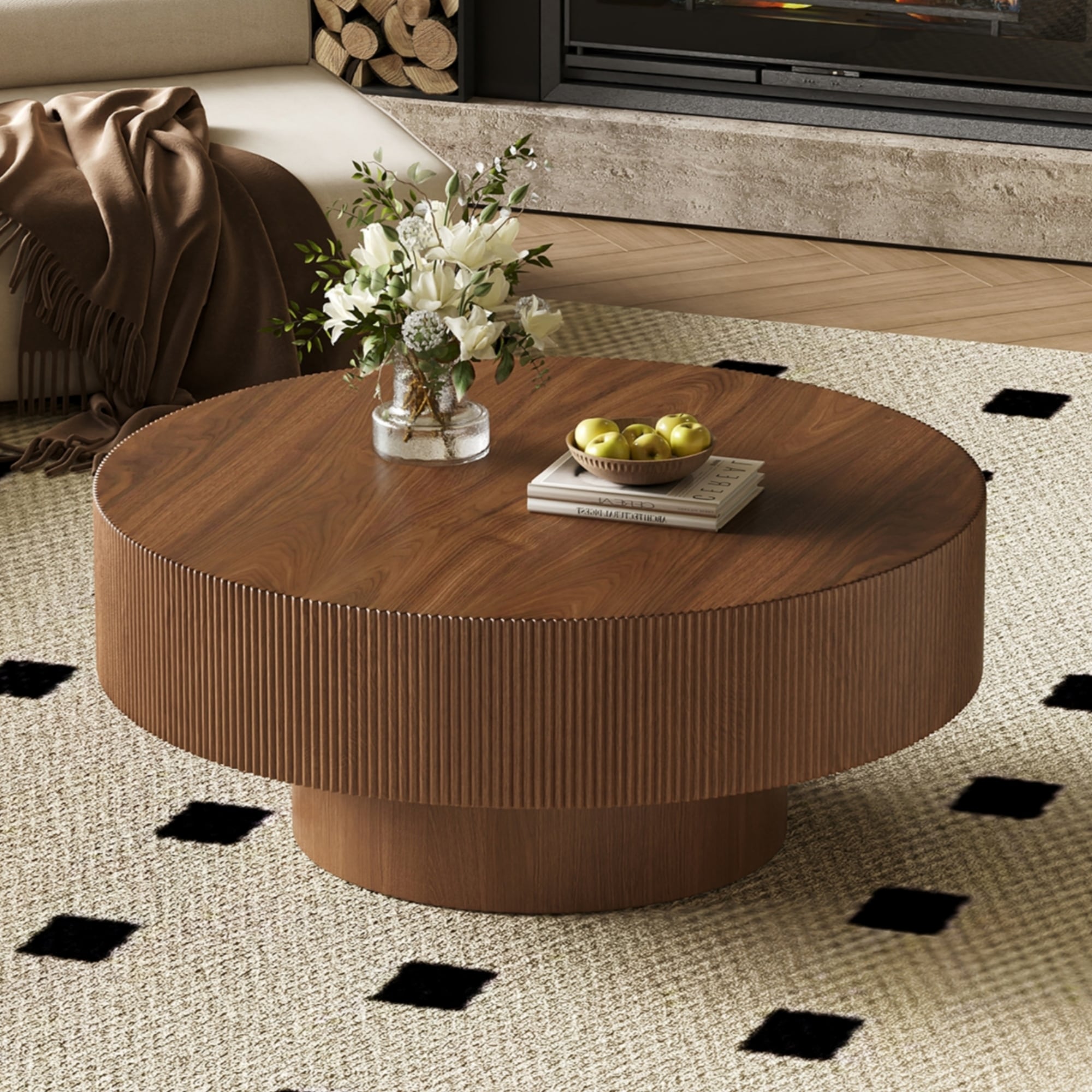 Modern Round Coffee Table with Sturdy Base Minimalist Fluted End Table for Living Room Bedroom