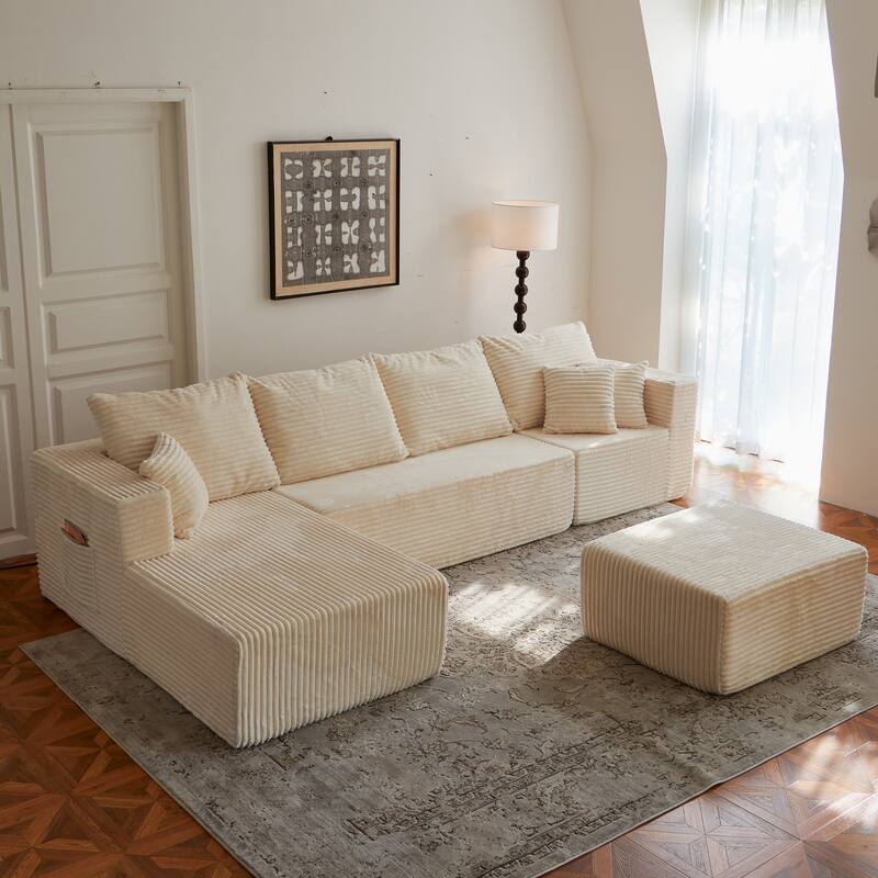 Modular Sectional Sofa with Chaise & Ottoman, Fabric Upholstered Boneless Cloud Sofa, Deep Seat Corner Sofa with Side Pockets