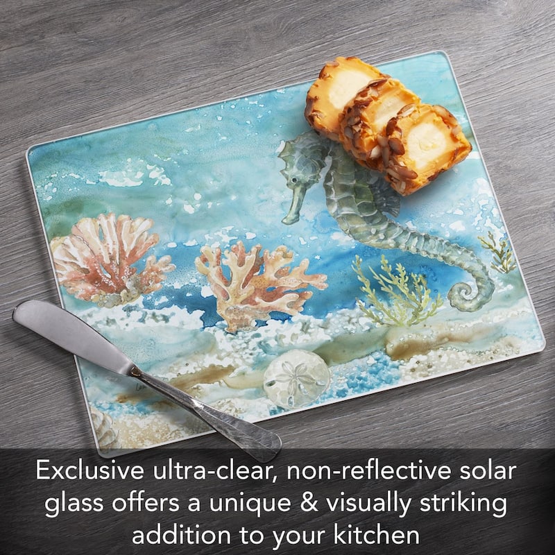 Under Sea Horse 3mm Heat Tolerant Tempered Glass Cutting Board 10” x 8” Manufactured in the USA Dishwasher Safe