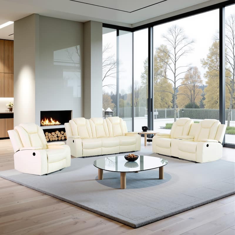 Modern 3-Piece Leather Recliner Sofa Set with LED, Wireless Charging