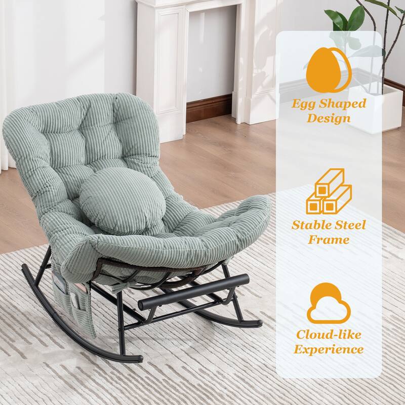 HOMEFUN Corduroy Upholstered Egg Shaped Design Steel Frame Rocking Chair with Side Pocket and Foot Pedal