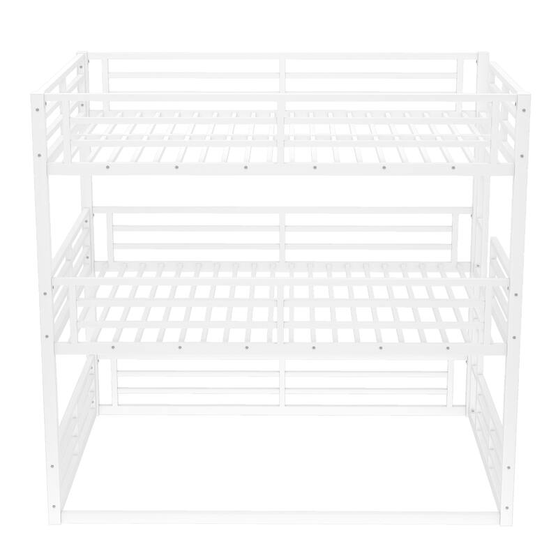 Roomfitters Twin/Full/Queen Metal Triple Bunk Bed with Safety Guardrails, Heavy-Duty Noise-Reduced Frame, White