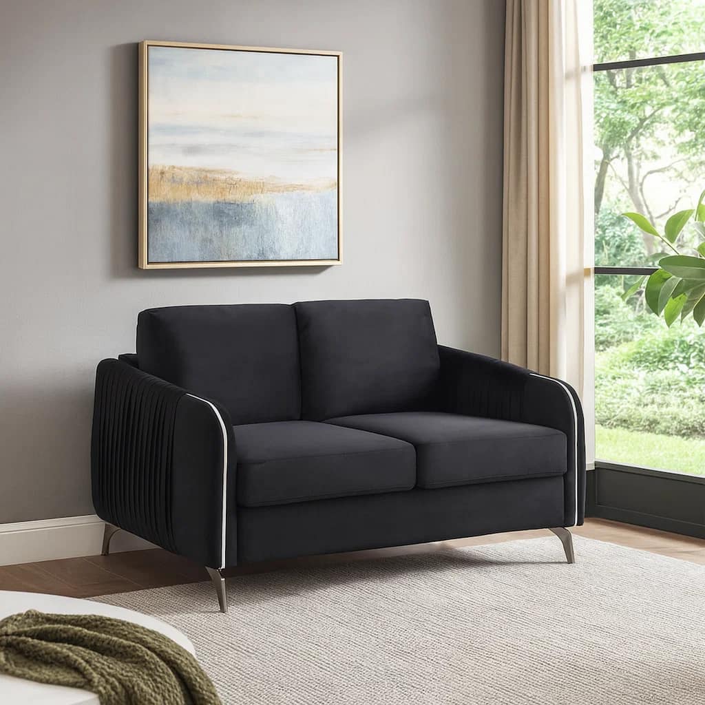 54 Inch Modern Loveseat, Vertical Quilted Design, Jet Black Velvet Fabric