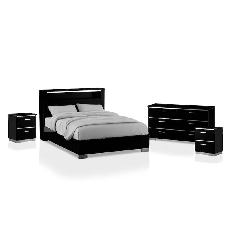 Lofa Contemporary Black Wood Storage Panel Bedroom Set with LED and USB Ports by Furniture of America - Queen - 4 Piece