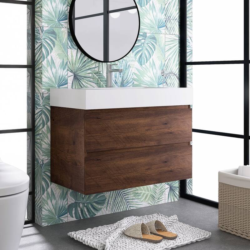 Wood Wall-Mounted Bathroom Vanity Set with White Integrated Resin Sink - 36" x 18" - Walnut