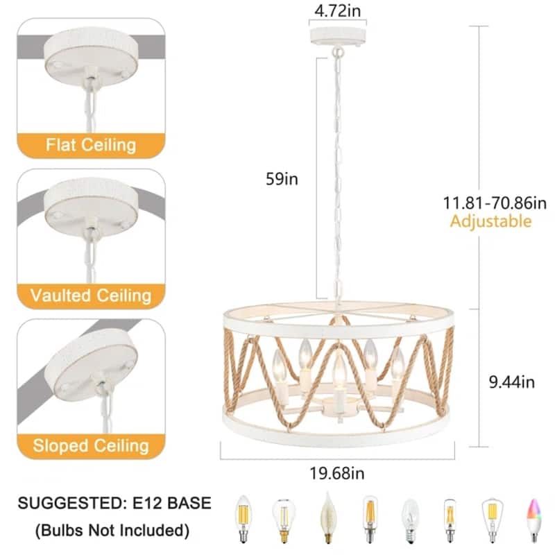 Modern 5-Light Hand-Woven Hemp Rope Drum Chandelier for Dining Room, Classic Semi Flush Mount Chandelier - W19.68"x H9.44"