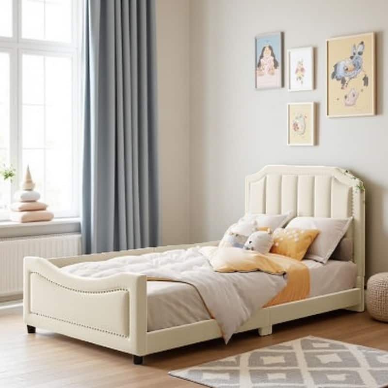 Twin Upholstered Daybed with Scalloped Velvet Headboard, Sturdy Wood Frame, No Box Spring Needed - Beige
