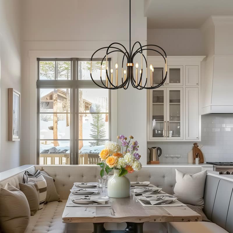 Modern Unique 8-Light Chandelier Black Gold Drum-Shape Pendant for Dining Room - 37.8 " × 20 "