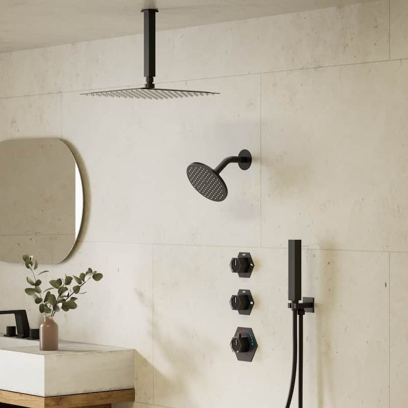 GRANDJOY Thermostatic Shower Faucet Set 12" Ceiling and 6" Wall Mount Rainfall Dual Shower Heads with Handheld Spray Combo - Matte Black