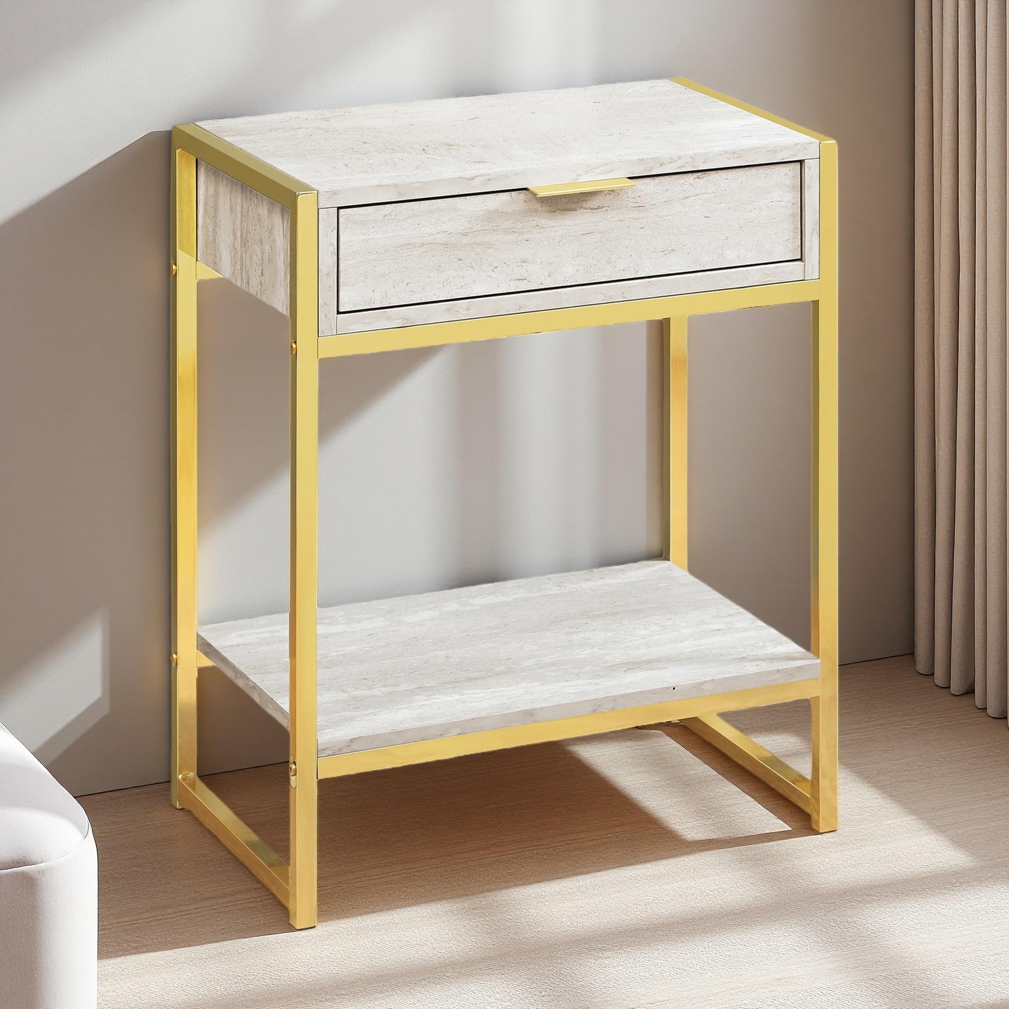 19.5"L Rectangular Accent Table with Storage Drawer, Open Bottom Shelf, Metal Base, Modern End Table or Nightstand for Bedroom