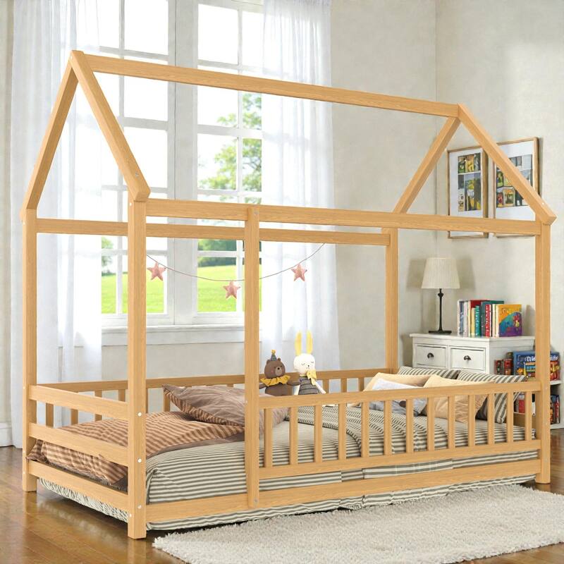 Wooden House Frame Floor Bed with Roof, Fence Guardrails, Pine Wood Kids Platform Bed for Bedroom