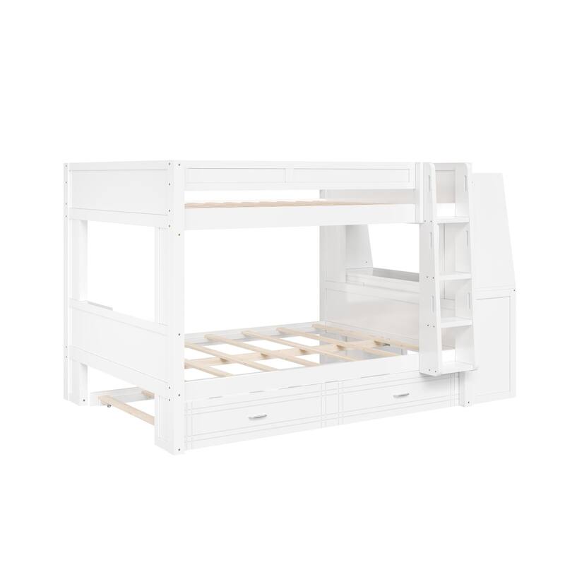 Full Size Multifunctional Bunk Bed Frame with Bookshelves, Desk and Cabinet, Optional with Pull-out Drawers or Trundle Bed
