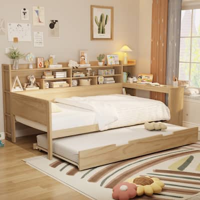 Wooden Twin Size Daybed with Storage Shelves, Multi-functional Bed with Twin Size Trundle Bed and Study Desk