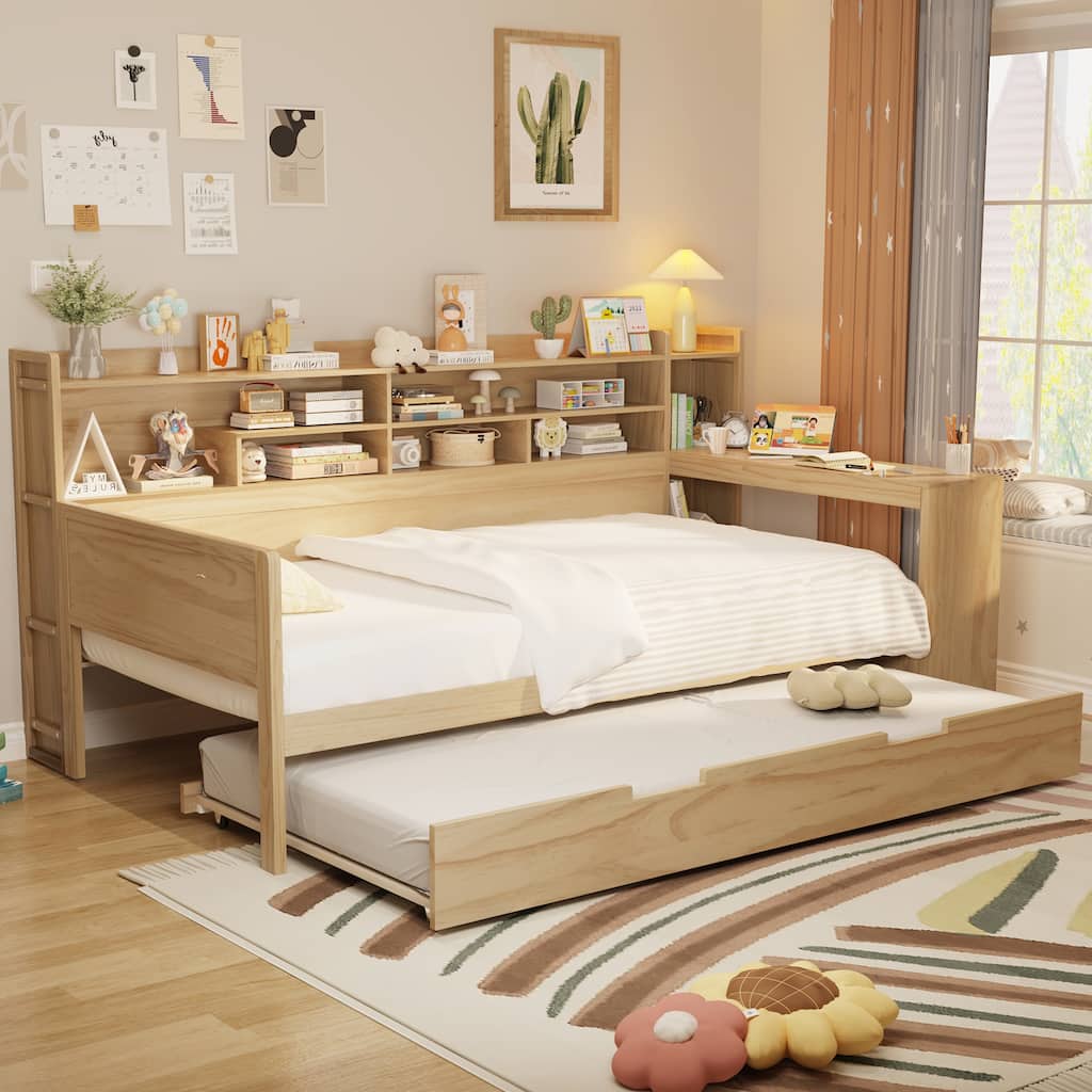 Wooden Twin Size Daybed with Storage Shelves, Multi-functional Bed with Twin Size Trundle Bed and Study Desk