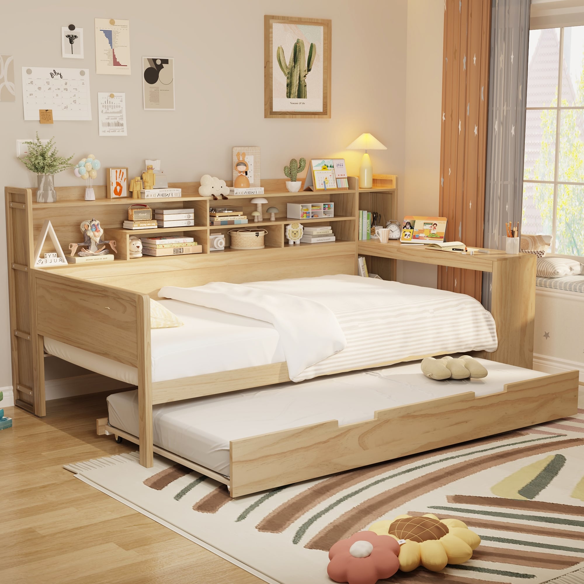 Wooden Twin Size Daybed with Storage Shelves, Multi-functional Bed with Twin Size Trundle Bed and Study Desk