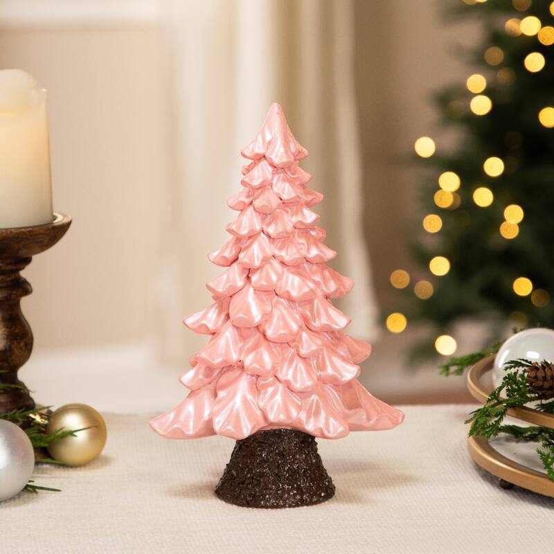 Iridescent Pearl Glazed Downswept Tree Christmas Decoration - 9.25" - Pink