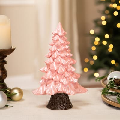 Iridescent Pearl Glazed Downswept Tree Christmas Decoration - 9.25" - Pink