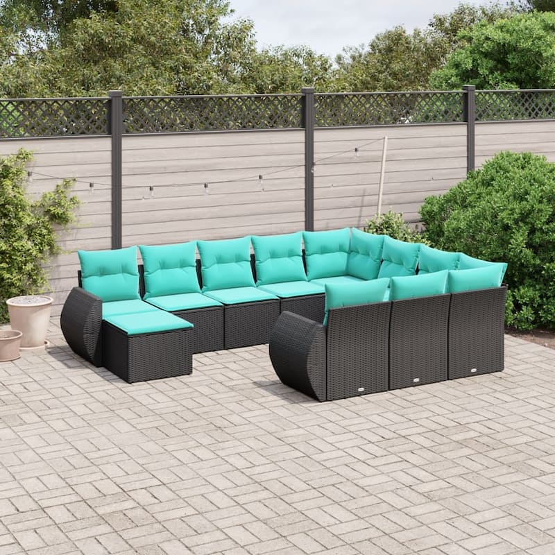 vidaXL Patio Sofa Set with Cushions Outdoor Furniture 11 Piece Poly Rattan - 24.4x 24.4x 27.2 - Black