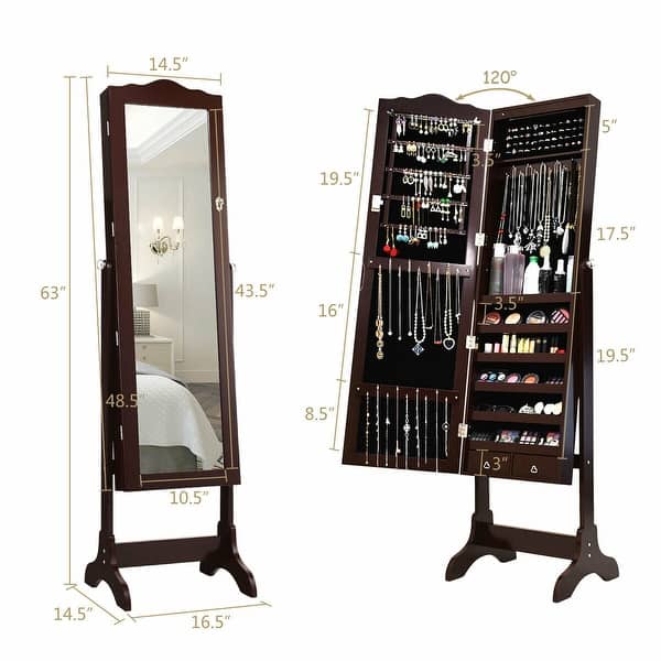 Shop Gymax Mirrored Jewelry Cabinet Armoire Storage Organizer W Drawer On Sale Overstock 23169781