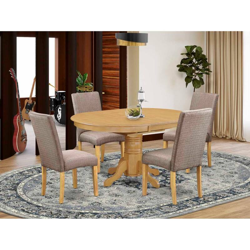 Victorian Dining Set 5Pc Oval Table & 4 Chairs - Dark Khaki Linen Fabric - 42/60" Extendable Table