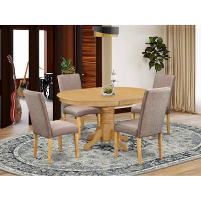 Victorian Dining Set 5Pc Oval Table & 4 Chairs - Dark Khaki Linen Fabric - 42/60" Extendable Table