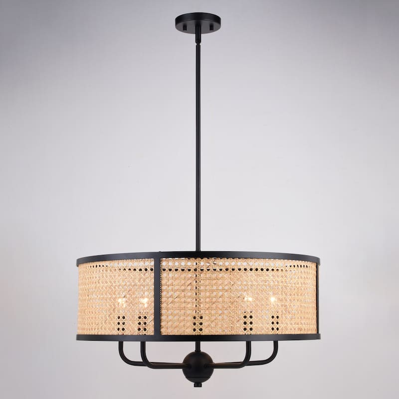 Berens 5 Light Matte Black Modern Farmhouse Drum Pendant Fixture with Rattan Cane Shade - 24-in W x 13.5-in H x 24-in D