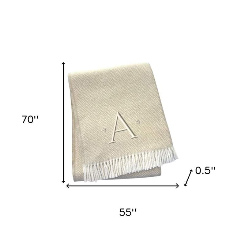 55" X 70" Linen And White Herringbone Cotton Blend S Initial Throw Blanket with Tassels And Embroidery