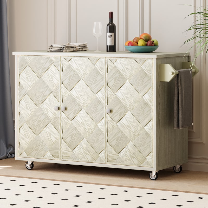 Modern 51.2" Kitchen Island with Drop Leaf and Handwoven Ash Veneer Doors, Internal Storage Racks on Wheels - Champagne