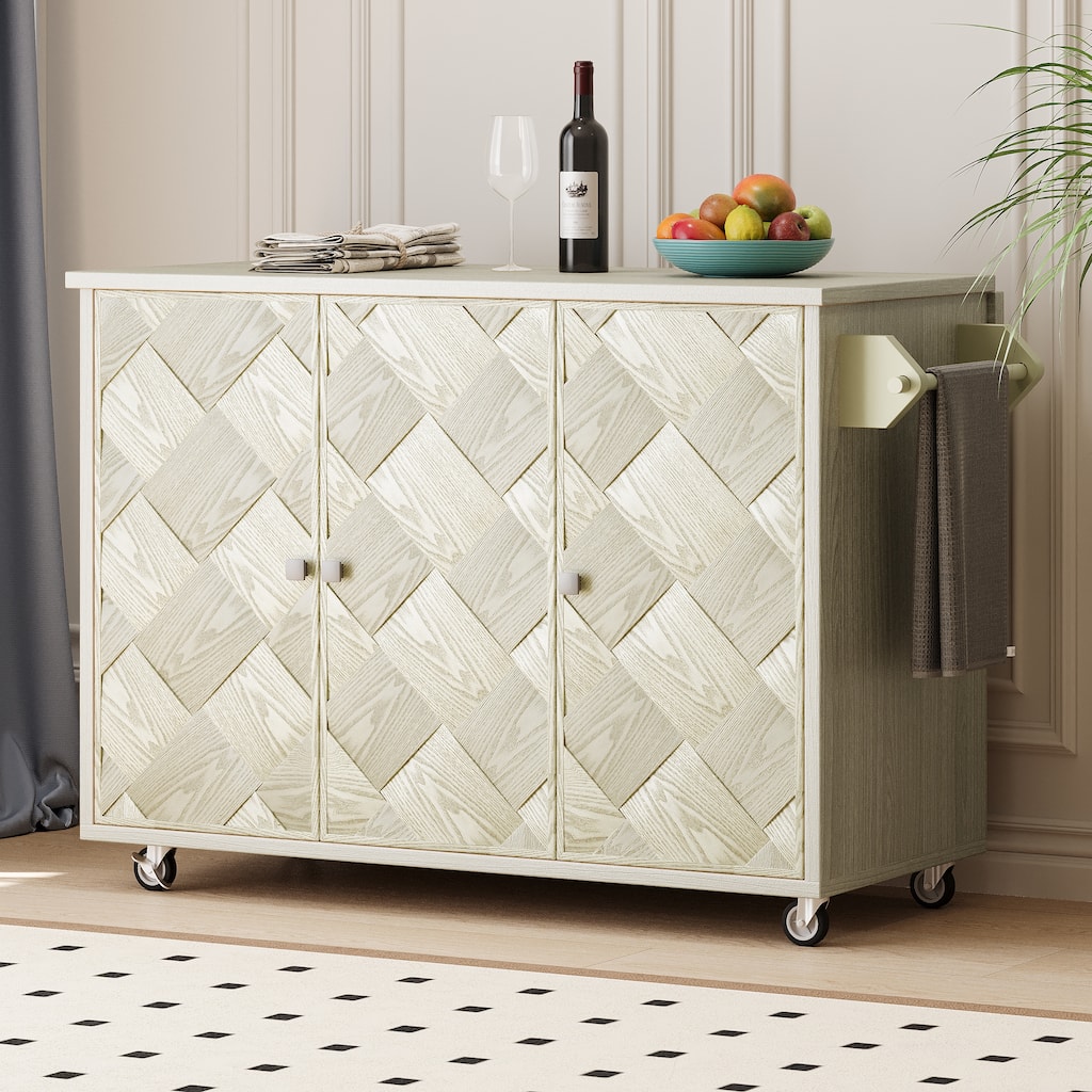 Modern 51.2" Kitchen Island with Drop Leaf and Handwoven Ash Veneer Doors, Internal Storage Racks on Wheels