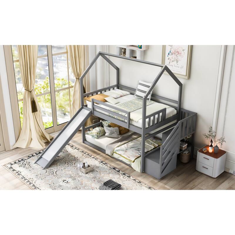 Twin over Twin House Bunk Bed with Convertible Slide and Storage Staircase