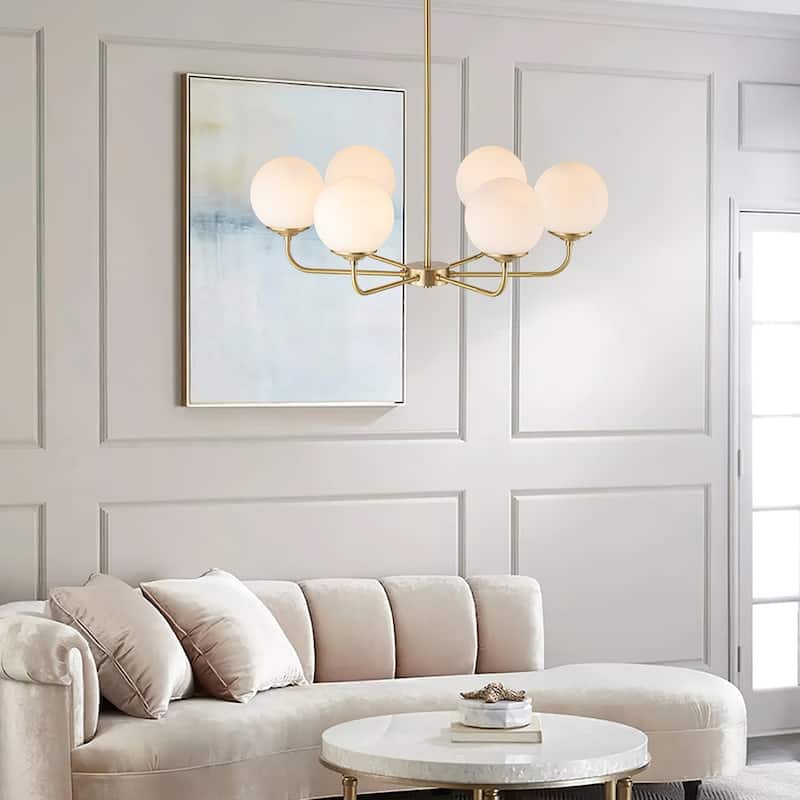 Modern 6-Light Brass Sputnik Chandelier with Frosted Glass Globes