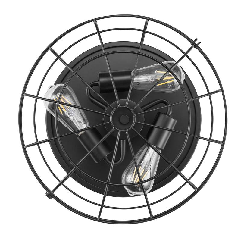 Prominence Home Lincoln Woods Matte Black Industrial Flushmount Light Fixture, Wire Cage Flushmount