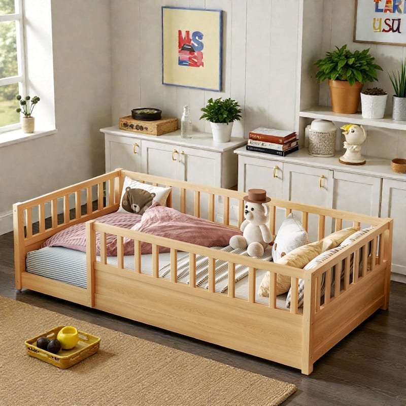 Montessori Wooden Floor Bed with High Safety Fence and Door, Pine Kids Floor Bed Frame for Boys and Girls